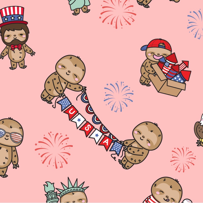 Pink Patriotic Sloths|DBP 230 (standard)|Bullet|Brushed Rib Knit (wide and soft stripes)|Swim|Waffle|Jersey Knit (light and airy)|Holographic (shimmery and shiny)|Medium Athletic (dry fit material)|Stretch Minky (cozy soft)|Thermal|Board Short (non stretc