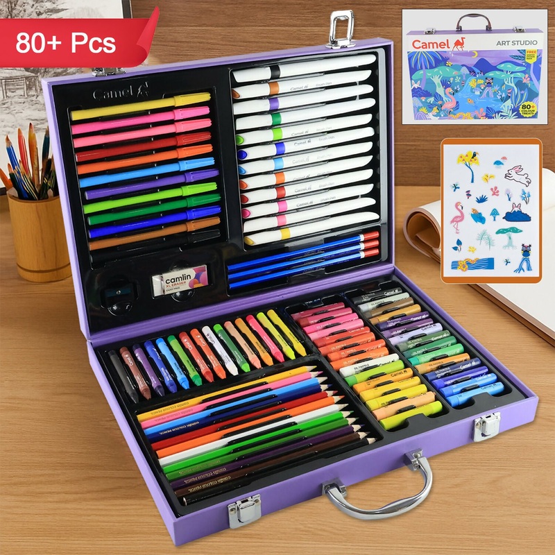 Camel Art Studio Kit  80+ Pcs Complete Art & Drawing Set with Colors, Pencils, Crayons, Brush Pens & More