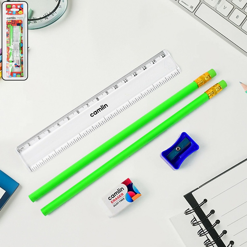 Camlin Writing Kit  Includes 2 Pencils, Eraser, Sharpener, and Ruler
