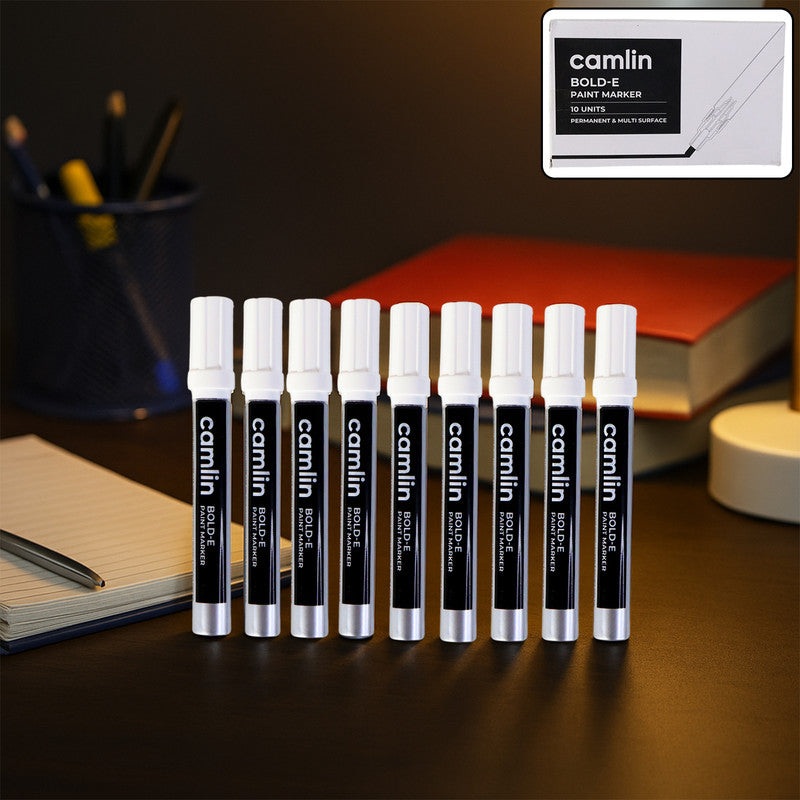Camlin Bold-E Paint Marker  White Colour, Permanent & Refillable Paint Markers for Multi-Surface Industrial and Creative Use  Pack of 10