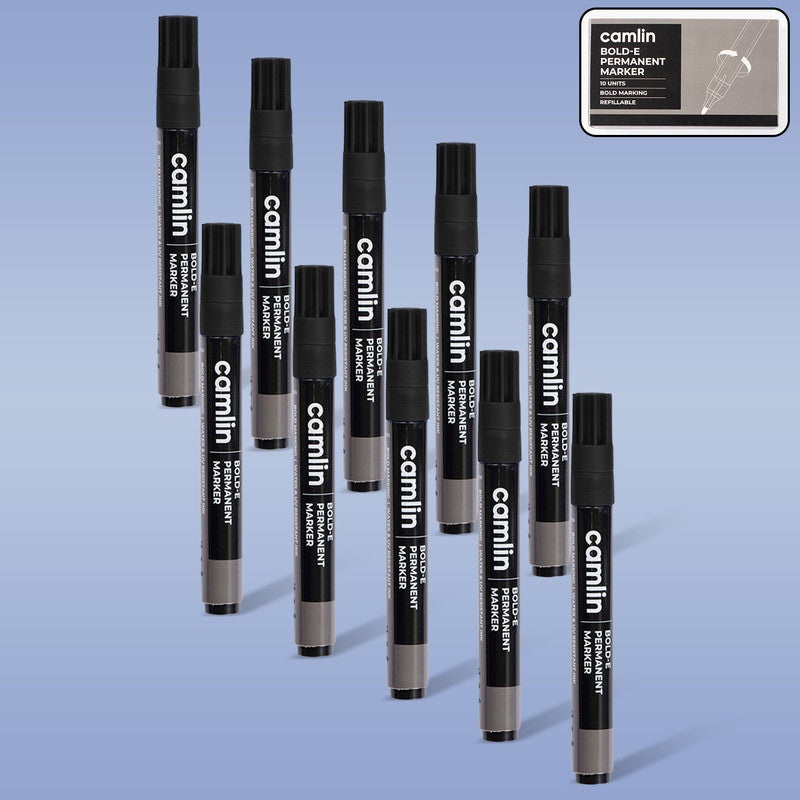Camlin Bold-E Permanent Marker  Black Colour, Bold & Long-Lasting Ink, Refillable Permanent Markers for Multi-Surfaces  Pack of 10