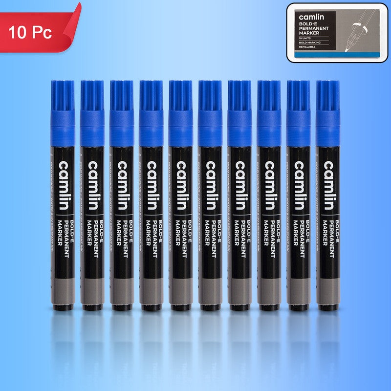 Camlin Bold-E Permanent Marker  Blue Colour, Bold & Long-Lasting Ink, Refillable Permanent Markers for Multi-Surfaces  Pack of 10