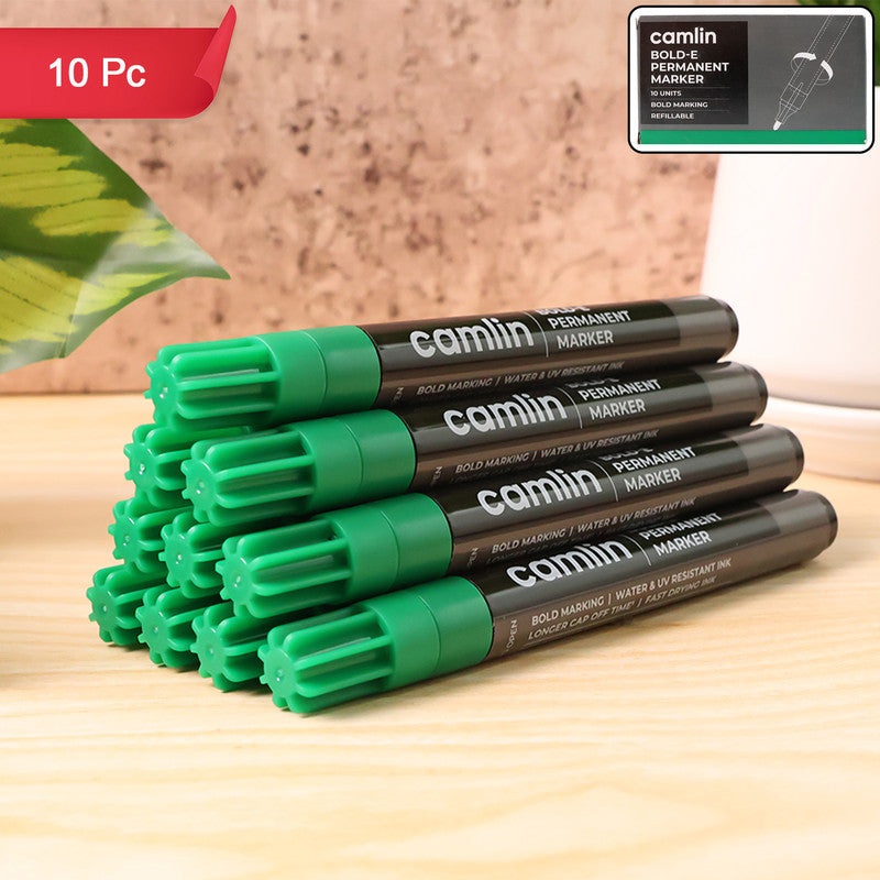 Camlin Bold-E Permanent Marker  Green Colour, Bold & Long-Lasting Ink, Refillable Permanent Markers for Multi-Surfaces  Pack of 10