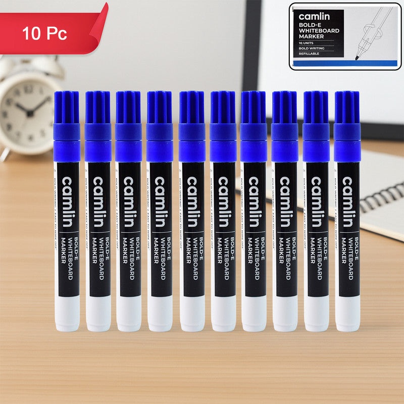 Camlin Bold-E Whiteboard Marker  Blue Color Bold Writing Refillable Markers (Pack of 10)