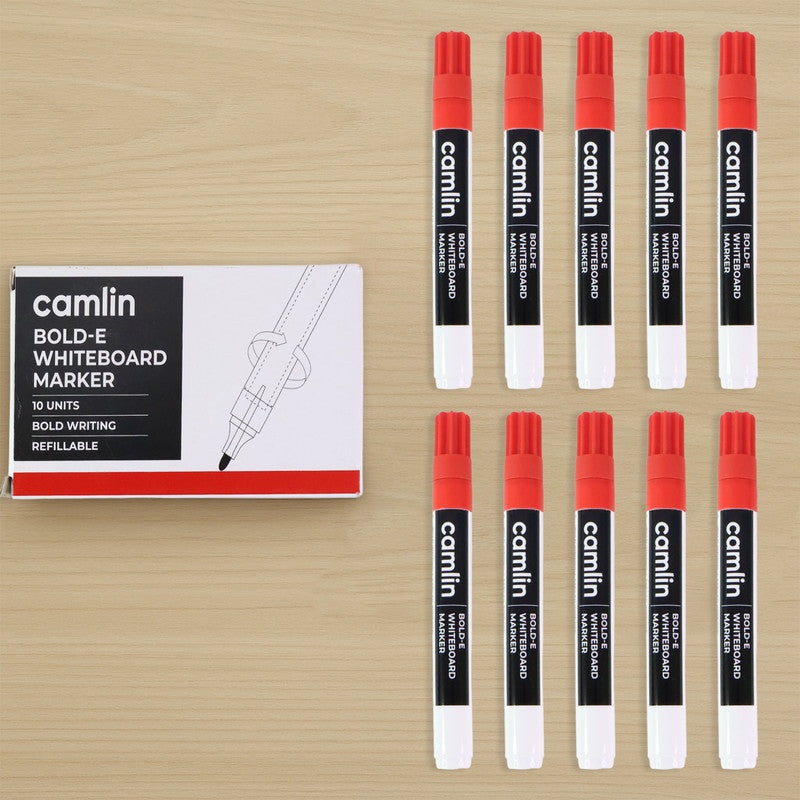 Camlin Bold-E Whiteboard Marker  Red Color Bold Writing Refillable Markers (Pack of 10)