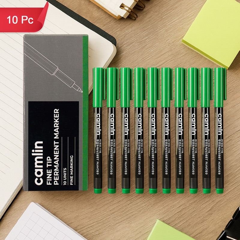 Camlin Fine Tip Permanent Marker  Green Color Precise Writing Markers (Pack of 10)