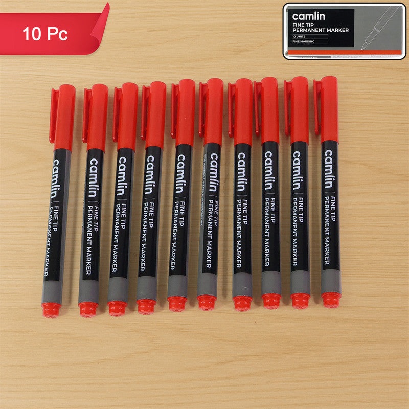 Camlin Fine Tip Permanent Marker  Red Color Precise Writing Markers (Pack of 10)