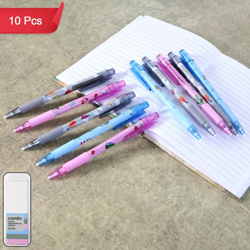 Camlin Klick Mechanical Pencil 0.7 mm  Assorted Cartoon Design, Smooth Writing Pencils with Comfortable Grip  Pack of 10