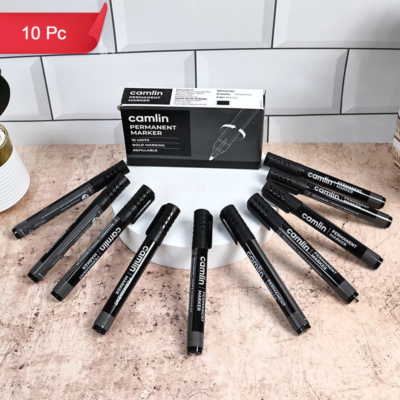 Camlin Permanent Marker  Black Colour, Bold & Long-Lasting Ink, Refillable Multi-Surface Permanent Markers  Pack of 10