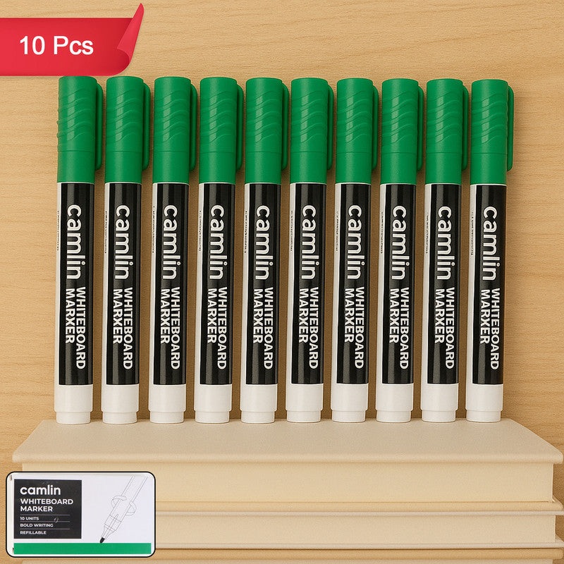Camlin Whiteboard Marker  Green Colour, Bold & Refillable Ink, Smooth Writing Marker for Whiteboards  Pack of 10