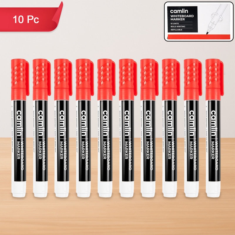 Camlin Whiteboard Marker  Red Colour, Bold Writing, Refillable Whiteboard Markers  Pack of 10