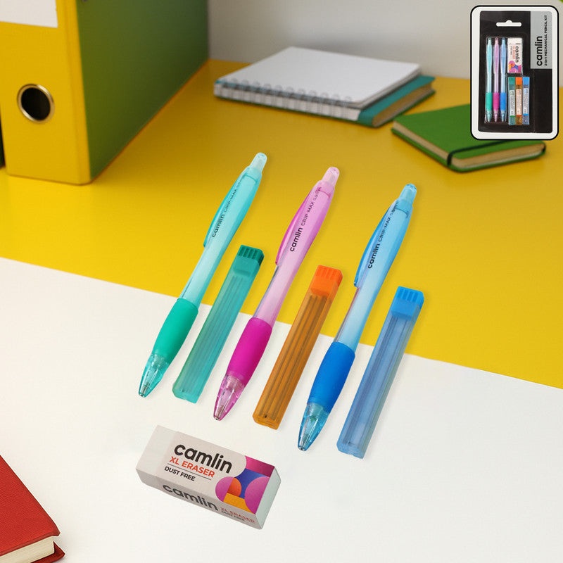 Camlin 3 in 1 Mechanical Pencil Kit  0.5 mm, 0.7 mm & 0.9 mm Pencils with Hi-Par Leads and XL Dust-Free Eraser  Complete Writing Set