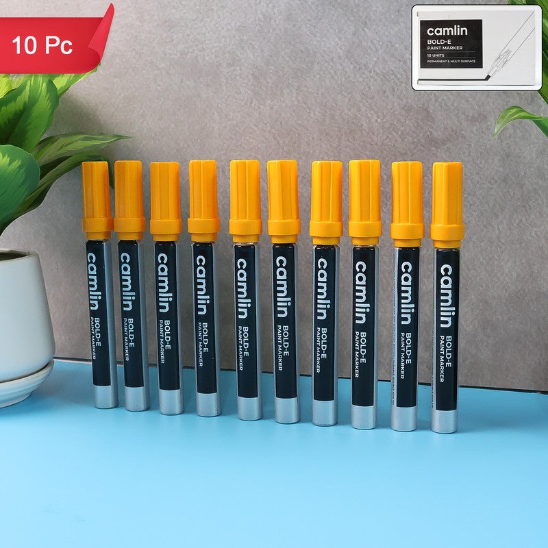 Camlin Bold-E Paint Marker  Yellow Colour, Permanent & Refillable Paint Markers for Industrial and Multi-Surface Marking  Pack of 10