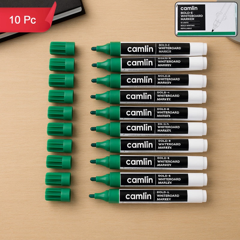 Camlin Bold-E Whiteboard Marker  Green Color Bold Writing Refillable Markers (Pack of 10)