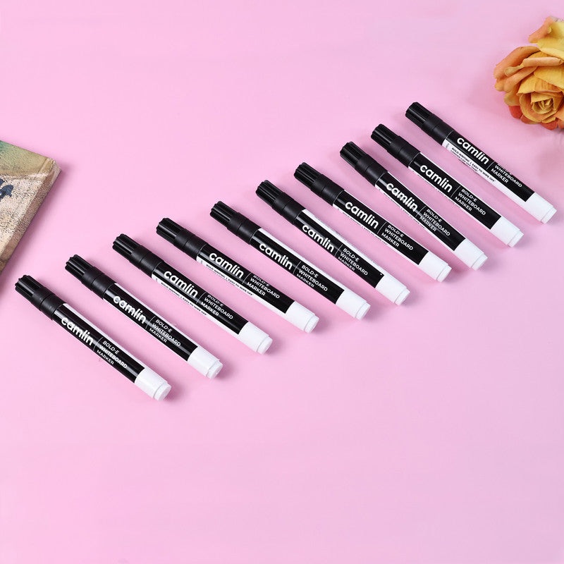 Camlin Bold-E Whiteboard Marker (Set of 10) – Refillable, Bold Writing, Easy to Erase
