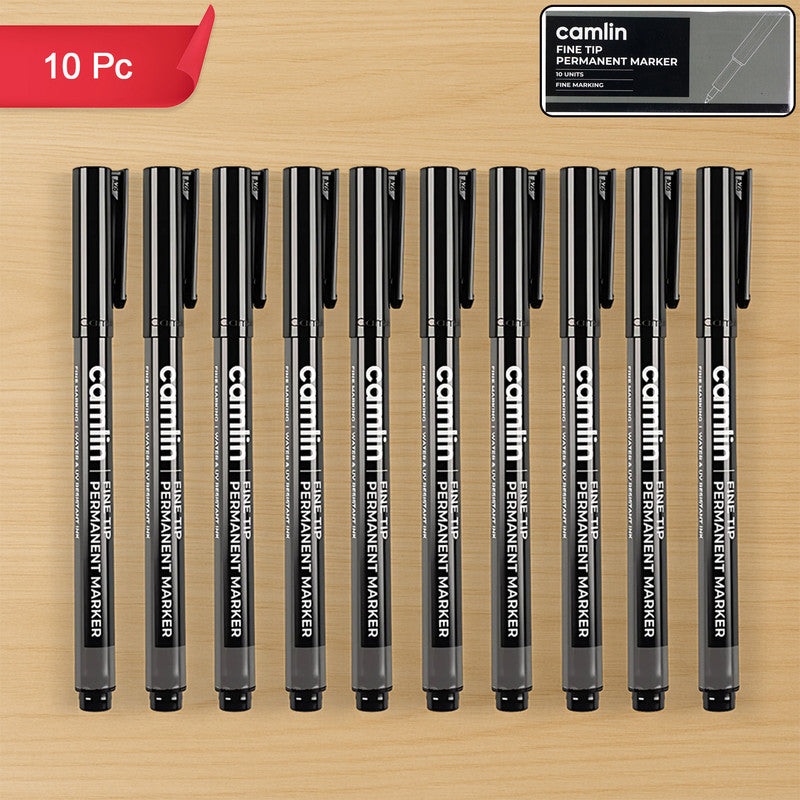 Camlin Fine Tip Permanent Marker  Black Color Precise Writing Markers (Pack of 10)