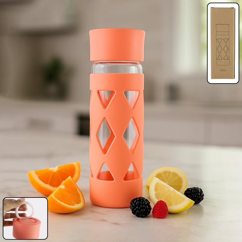Glass Water Bottle with Protective Sleeve – (1 Pc / 480 ML)