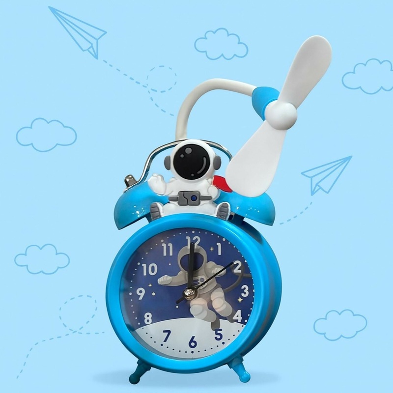 Astronaut Design Kids Alarm Clock with Cooling Fan | Cute Blue Cartoon Space Themed Table Clock for Kids Bedroom, Study Table & Gifting | Silent Analog Quartz Clock with Fan  Battery Operated