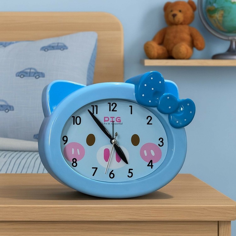 Cute Blue Cartoon Table Clock with Bow Design for Kids | Silent Non-Ticking Quartz Analog Clock for Bedroom, Study Table & Home Decor | Adorable Piggy Face Design with Easy-to-Read Numbers  Perfect for Boys & Girls