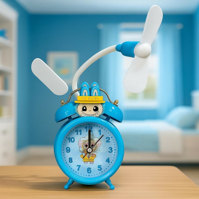 Cute Cartoon Character Alarm Clock with Cooling Fan | Dual Bell Retro Kids Table Clock | Loud Alarm, Battery Operated, Decorative Bedside Clock for Study, Bedroom & Gifts  Blue