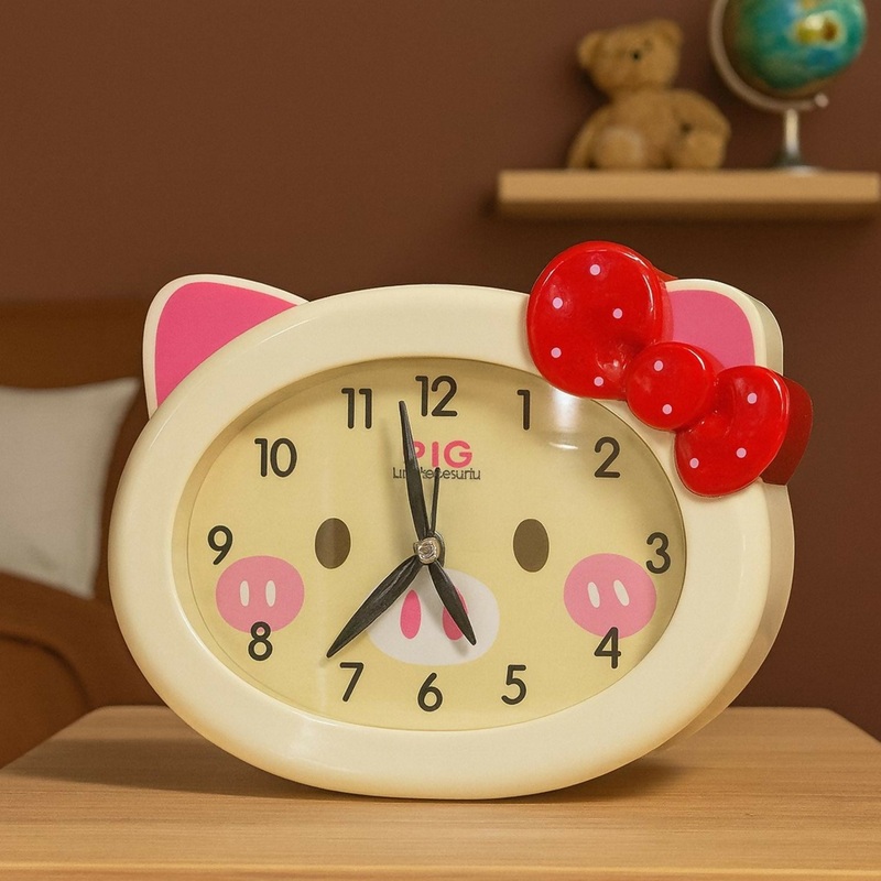 Cute Cartoon Piggy Design Table Clock for Kids  Off white Color with Red Bow | Silent Quartz Analog Desk Clock for Bedroom, Study Table, Living Room & Gift
