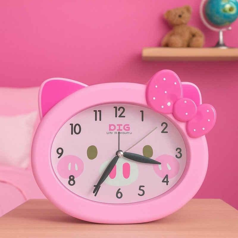 Cute Piggy Design Pink Table Clock with Bow  Cartoon Style Analog Quartz Alarm Clock for Kids Room, Bedroom & Home Decor, Silent Movement Study Desk Clock (Plastic, Battery Operated)