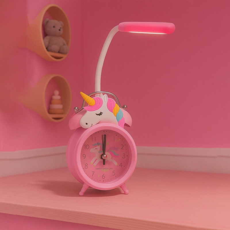 Cute Unicorn Kids Alarm Clock with LED Night Lamp  Pink Cartoon Bedside Table Clock for Girls, Kids Room Decor, Study Desk, Wake-Up Alarm with Flexible Reading Light  Battery Operated