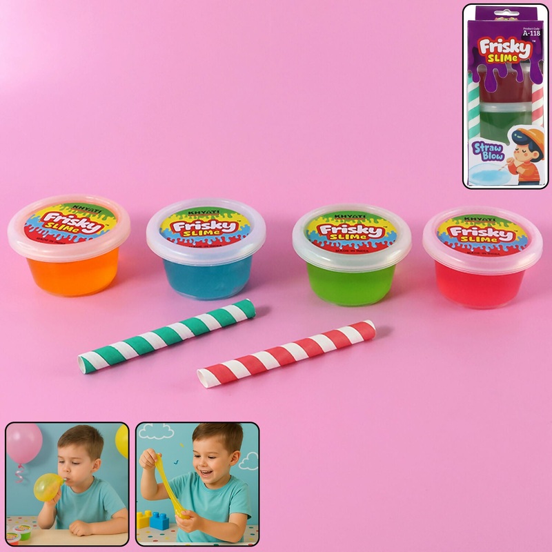 Khyati Frisky Slime Blow with Straw Play Set  4 Colorful Slime Tubs with Stretch & Bubble Fun Activity Kit for Kids (3+ Years)