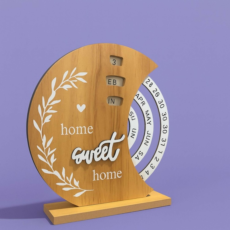 Rustic Wooden Perpetual Desk Calendar  Home Sweet Home Decorative Wooden Block Calendar with Rotating Date, Month & Day Display  Reusable Tabletop Organizer for Office, Study & Home Dcor
