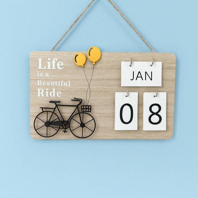 Rustic Wooden Wall Hanging Perpetual Calendar with Life is a Beautiful Ride Bicycle Design  Decorative Reusable Date and Month Flip Calendar for Home, Office & Caf Wall Dcor