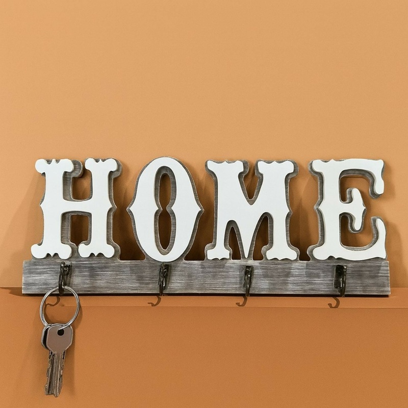 Rustic Wooden Wall Key Holder with HOME Letter Design  Decorative Wall Mounted Key Rack with 4 Metal Hooks for Entryway, Living Room & Office Organizer