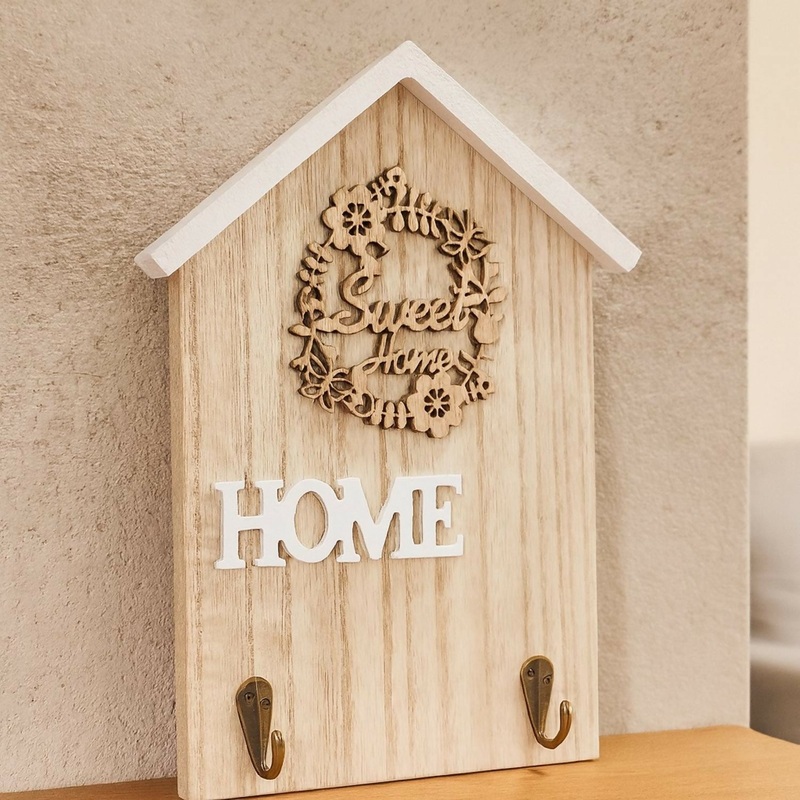 Rustic Wooden Wall Key Holder with Sweet Home Floral Engraving  Decorative House-Shaped Key Organizer with 2 Metal Hooks for Entryway, Living Room & Home Dcor