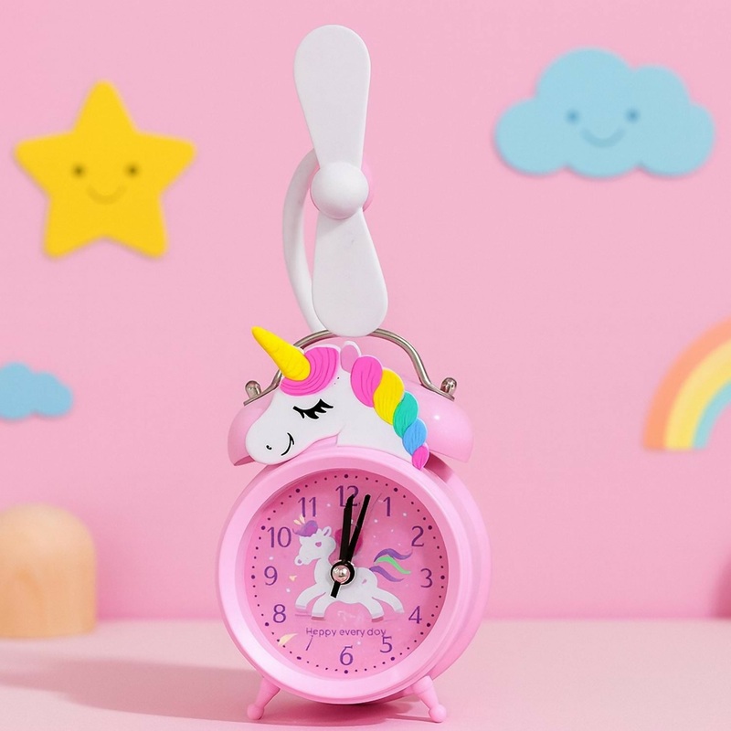 Unicorn Design Pink Alarm Clock with Cute Fan | Kids Table Clock with Night Light & Cartoon Unicorn Theme | Silent Quartz Movement, Battery Operated Bedside Clock for Girls Bedroom & Gift