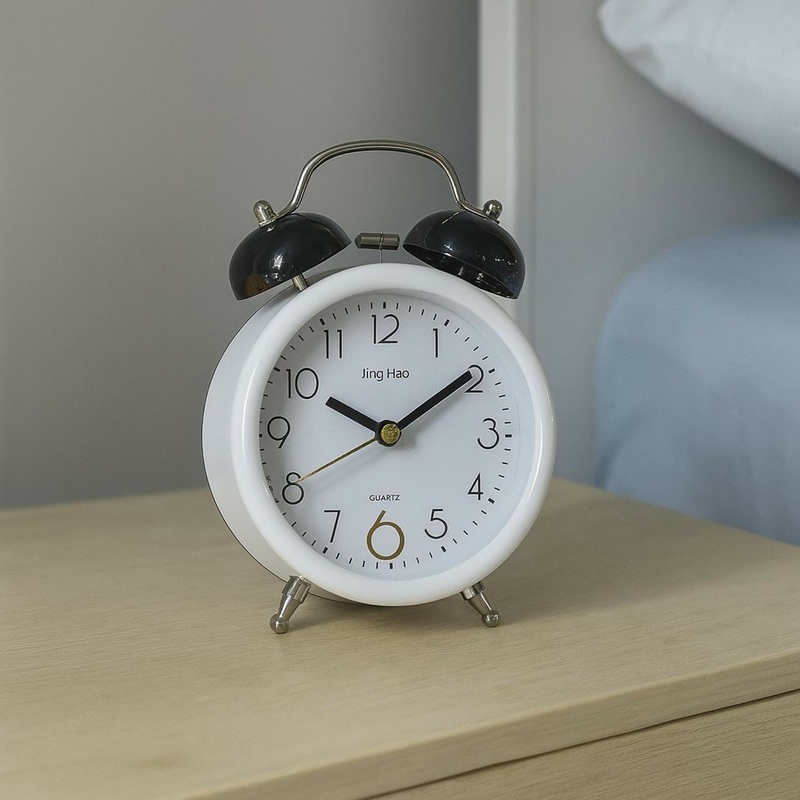 White Retro Twin Bell Alarm Clock with Black Bells, Classic Analog Quartz Table Clock, Loud Ringing Non-Ticking Silent Sweep Movement, Battery Operated Bedside Clock for Bedroom, Office & Home Dcor