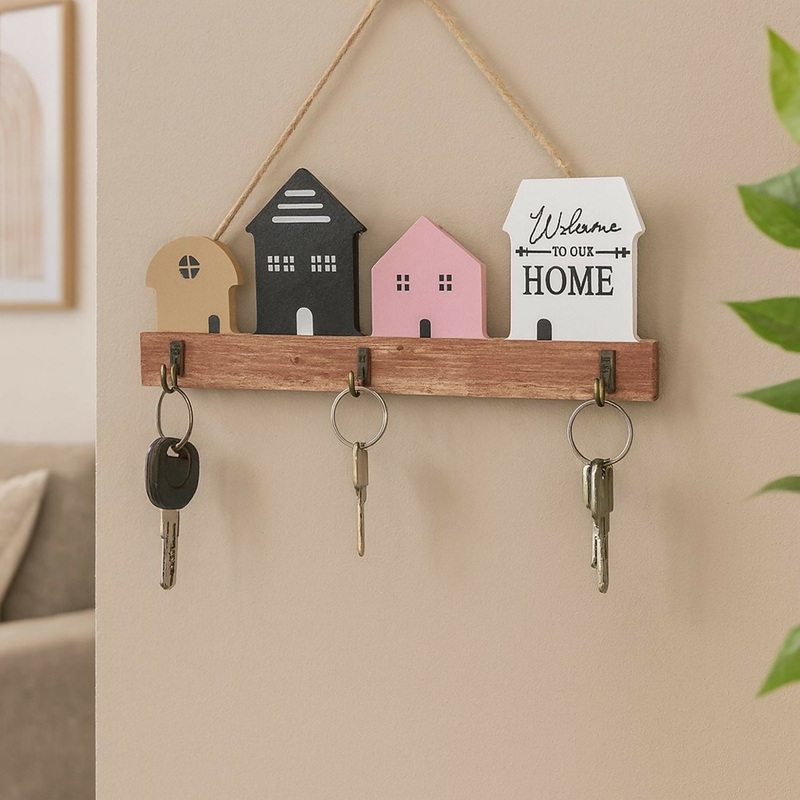 Wooden Key Holder for Wall  Decorative House Shaped Hanging Key Organizer Rack with 4 Hooks  Welcome to Our Home Design, Rustic Wall Dcor for Entryway, Living Room & Office