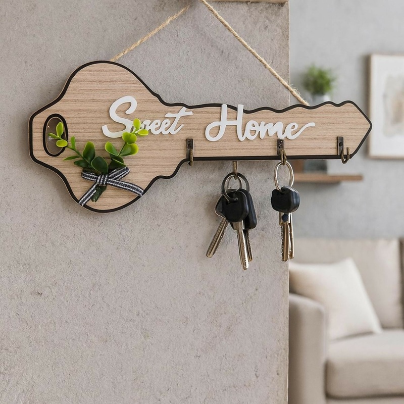 Wooden Key Holder for Wall  Sweet Home Design in Key Shape with Hooks | Decorative Wall Mounted Key Hanger with Faux Plant & Ribbon | Wooden Key Stand for Home, Entryway, Living Room & Office Dcor