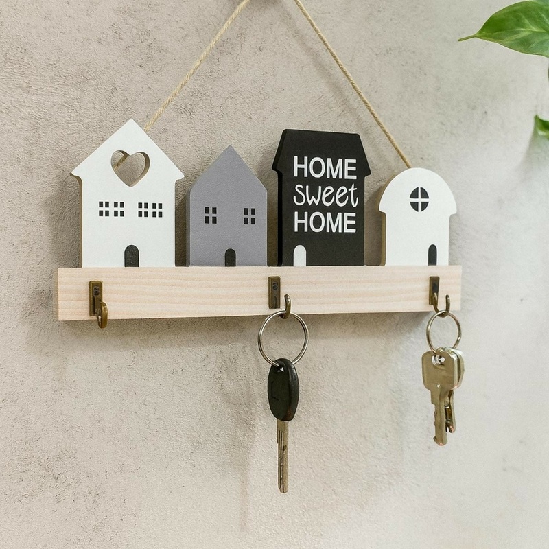 Wooden Wall Mounted Key Holder | Decorative Home Sweet Home House-Shaped Key Hanger | 4 Hooks Key Organizer for Wall | Rustic Wooden Wall Dcor for Entryway, Living Room, Office & Gifting