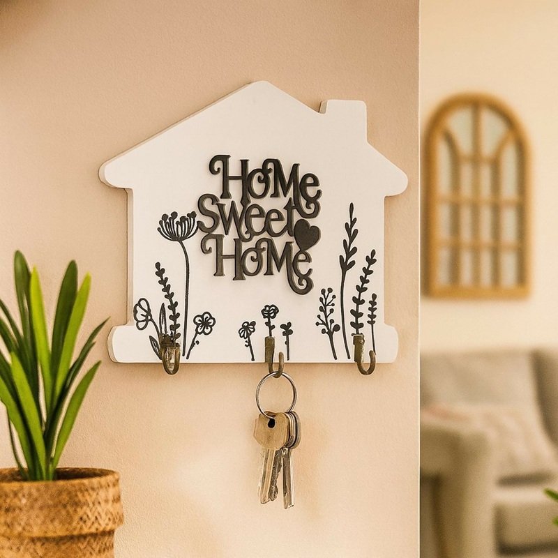 Wooden Wall Mounted Key Holder | Decorative House Shaped Key Hanger with Home Sweet Home Design | 3 Metal Hooks for Keys, Jewelry & Accessories | Rustic Modern Wall Dcor for Home, Entryway & Living Room