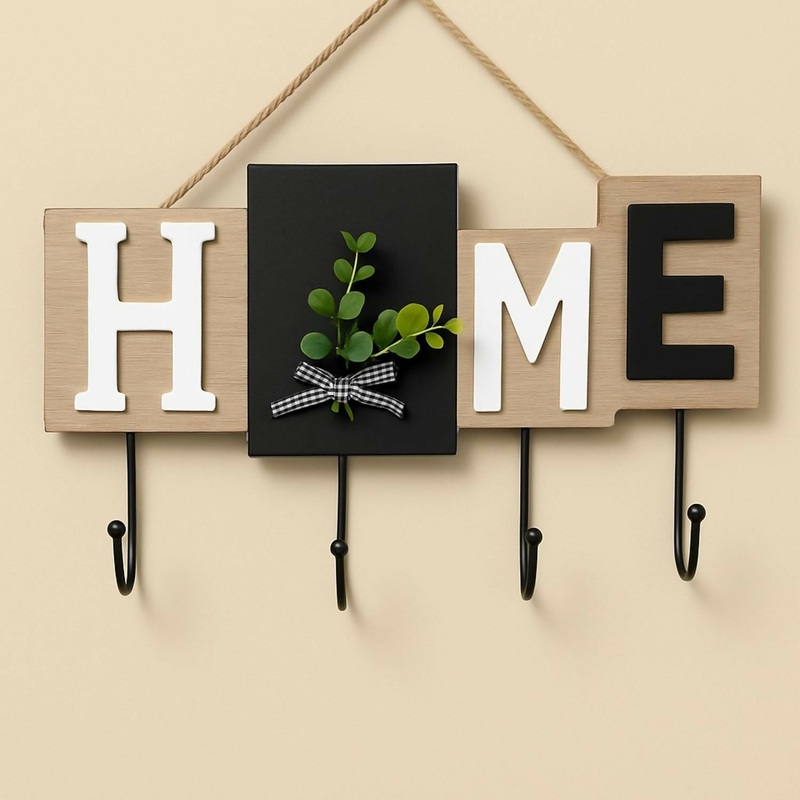 Wooden Wall Mounted Key Holder with Hooks  Decorative HOME Letter Design with Artificial Green Leaf Accent and Bow, Rustic Entryway Organizer for Keys, Wallets & Accessories