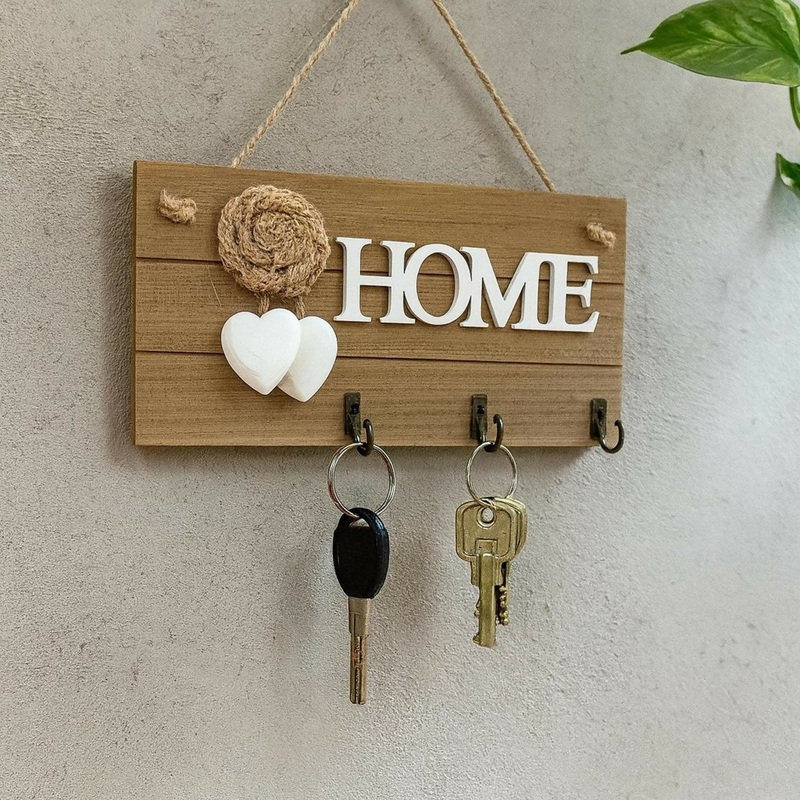 Wooden Wall Mounted Key Holder with Rope & Heart Design | Rustic HOME Letter Decorative Key Hanger with 3 Metal Hooks | Wall Hanging Organizer for Keys, Jewelry & Small Accessories | Home Dcor Gift